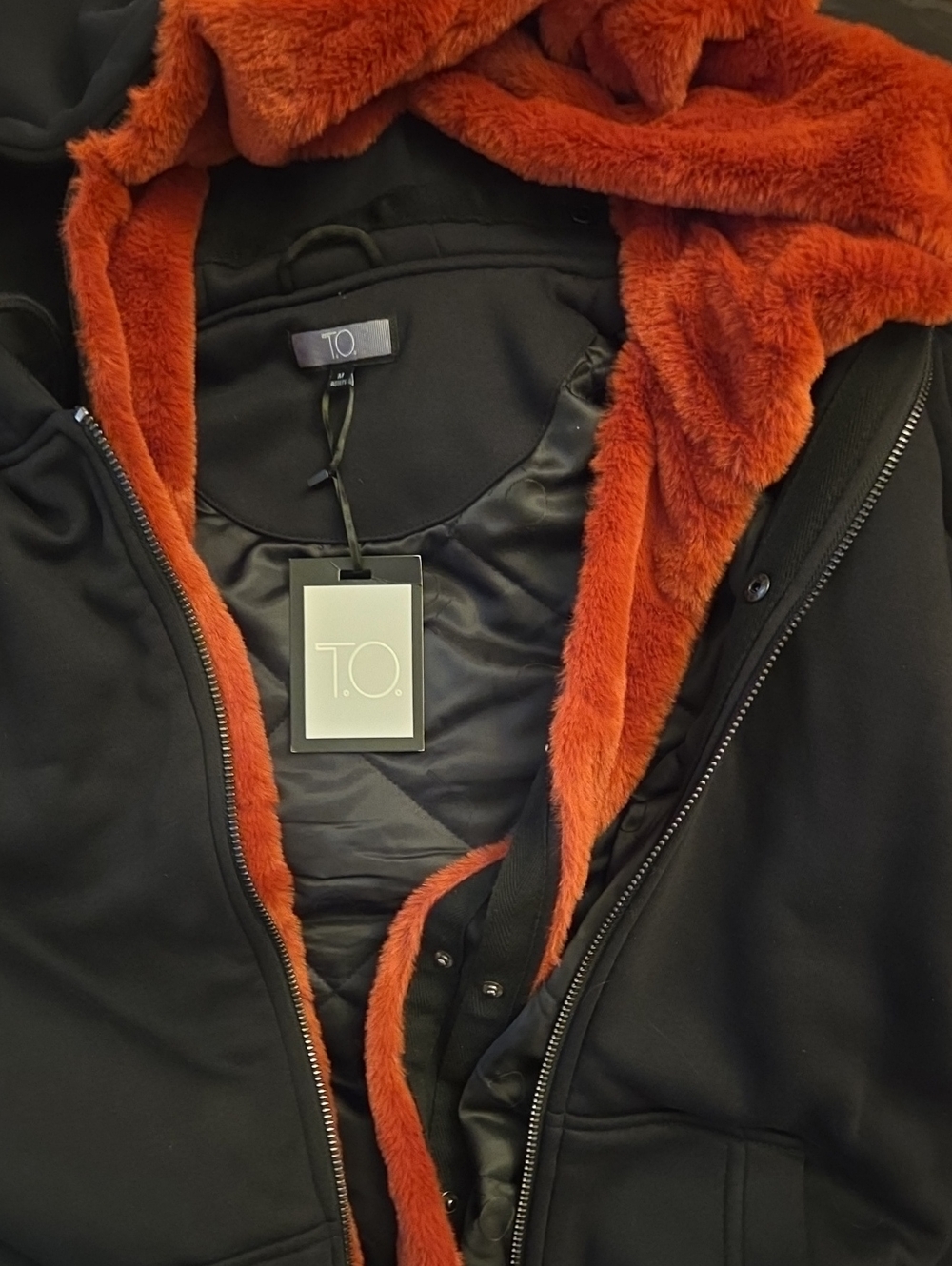 t/o Black Teddy Jacket with Burnt Orange Faux-Fur Lining